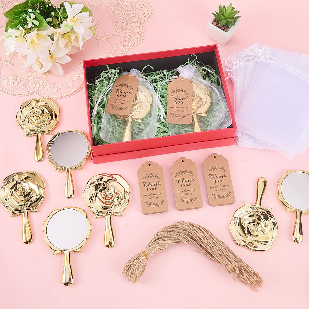 FINGERINSPIRE 36 Packung Mini Rosen Kompaktspiegel als Gastgeschenk Für Quinceañera Party Rosenblüten Handspiegel Aus Glas Mit 36 Organza Geschenktüte Mit Kordelzug 50 Geschenkanhänger 50 Juteschnüre