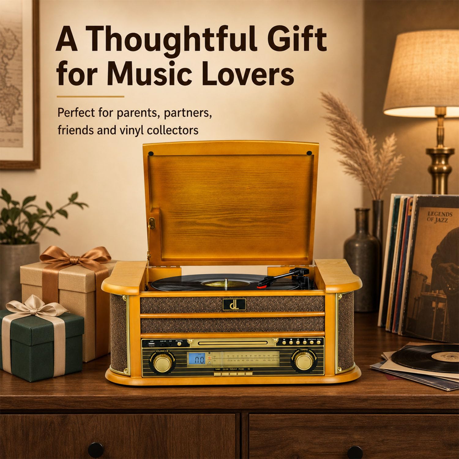 DL Giradischi vinile con altoparlanti e registrazione USB all-in-one, sistema stereo vintage con lettore CD, cassette, radio AM/FM, ingresso ausiliario, centro musicale
