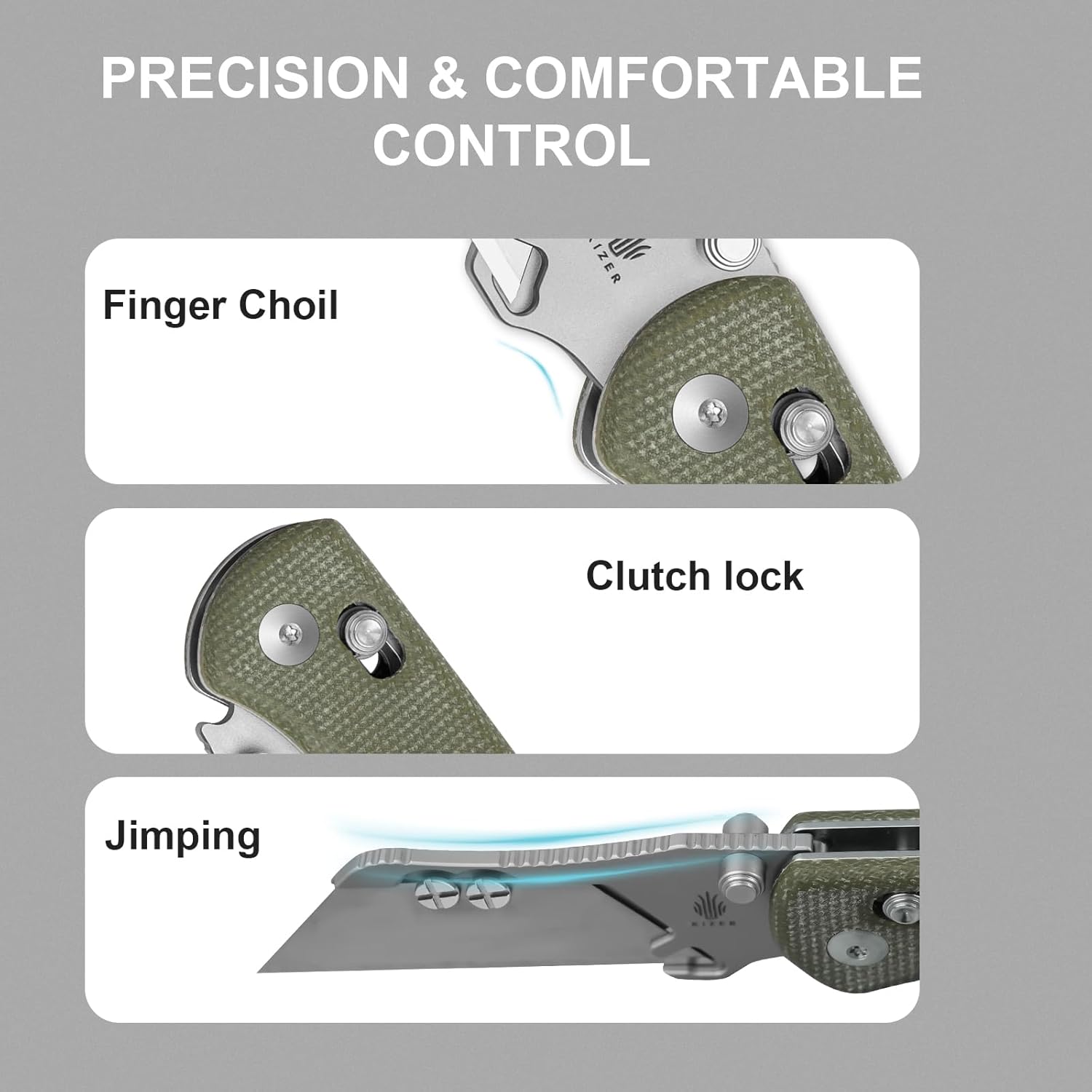 Kizer Uti Bear(New Dual-screw Version) Folding Utility Knife, Clutch Lock Box Cutter EDC Pocket knife with 5PCS Razor Blades, Pocket Knives with Pocket Clip for Men Women V3619JM1