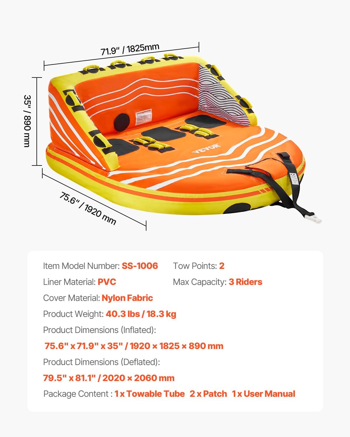 VEVOR Towable Tube for Boating, 1-3 Riders Inflatable Boat Tubes and Towables, 510lbs Water Sport Towable Tube for Boat to Pull - with Full Nylon Cover, 16 Grab Handles, Dual Tow Points & Safety Valve