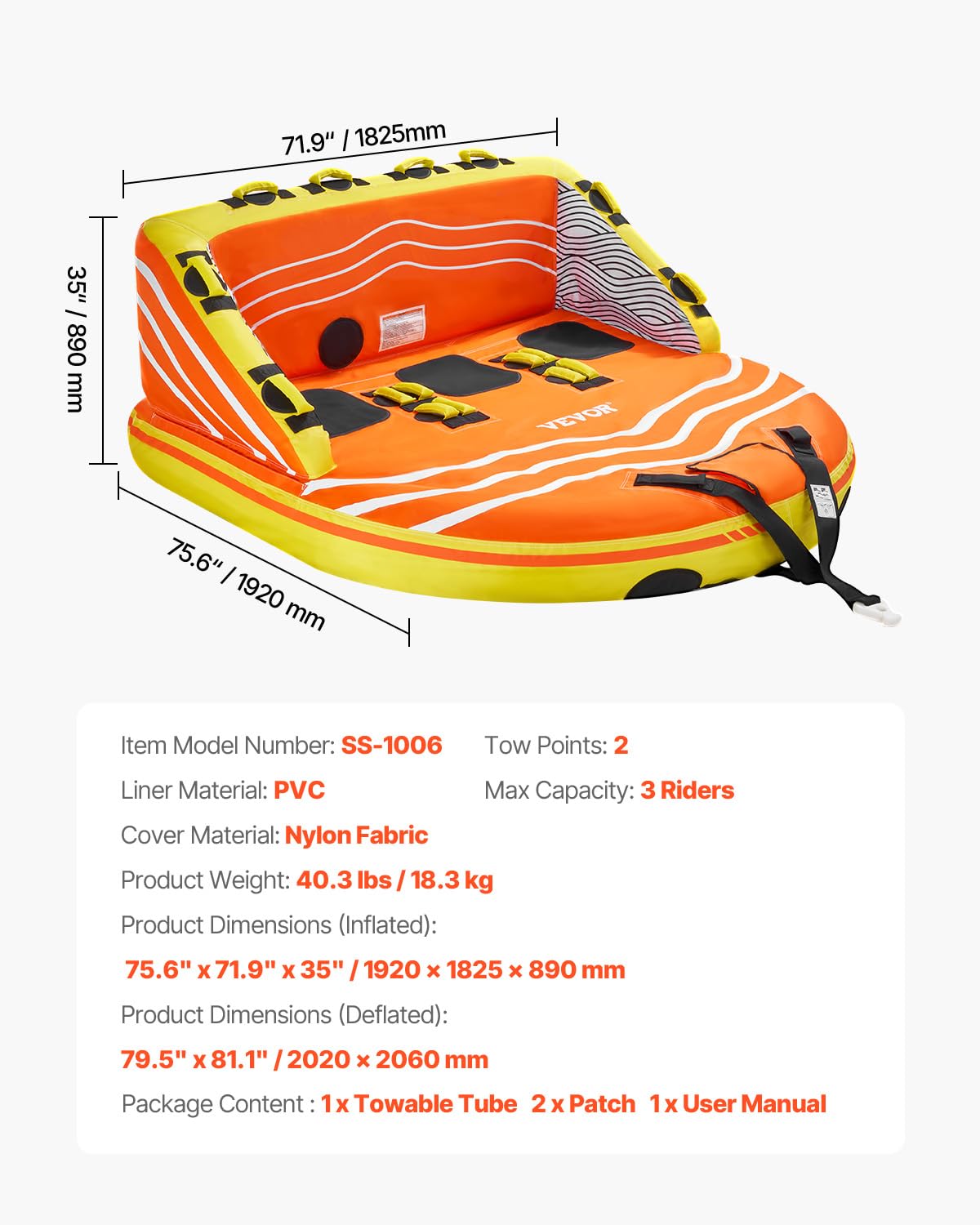 VEVOR Tubo Trainabile per Barche Capienza ca. 1-3 Persone Tappetino Gonfiabile per Barche attività Acquatiche Carico Max. 231 kg, Tubo Trainabile per Sport Acquatici Gommone Gonfiabile Feste Nautica