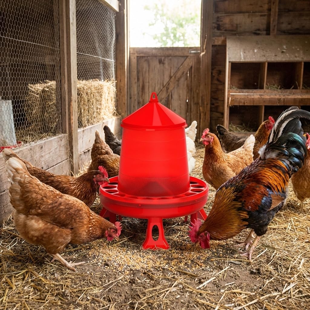 Suinga Tramoggia mangiatoia plastica galline con gambe 8 kg, 37x37x45 cm, rosso
