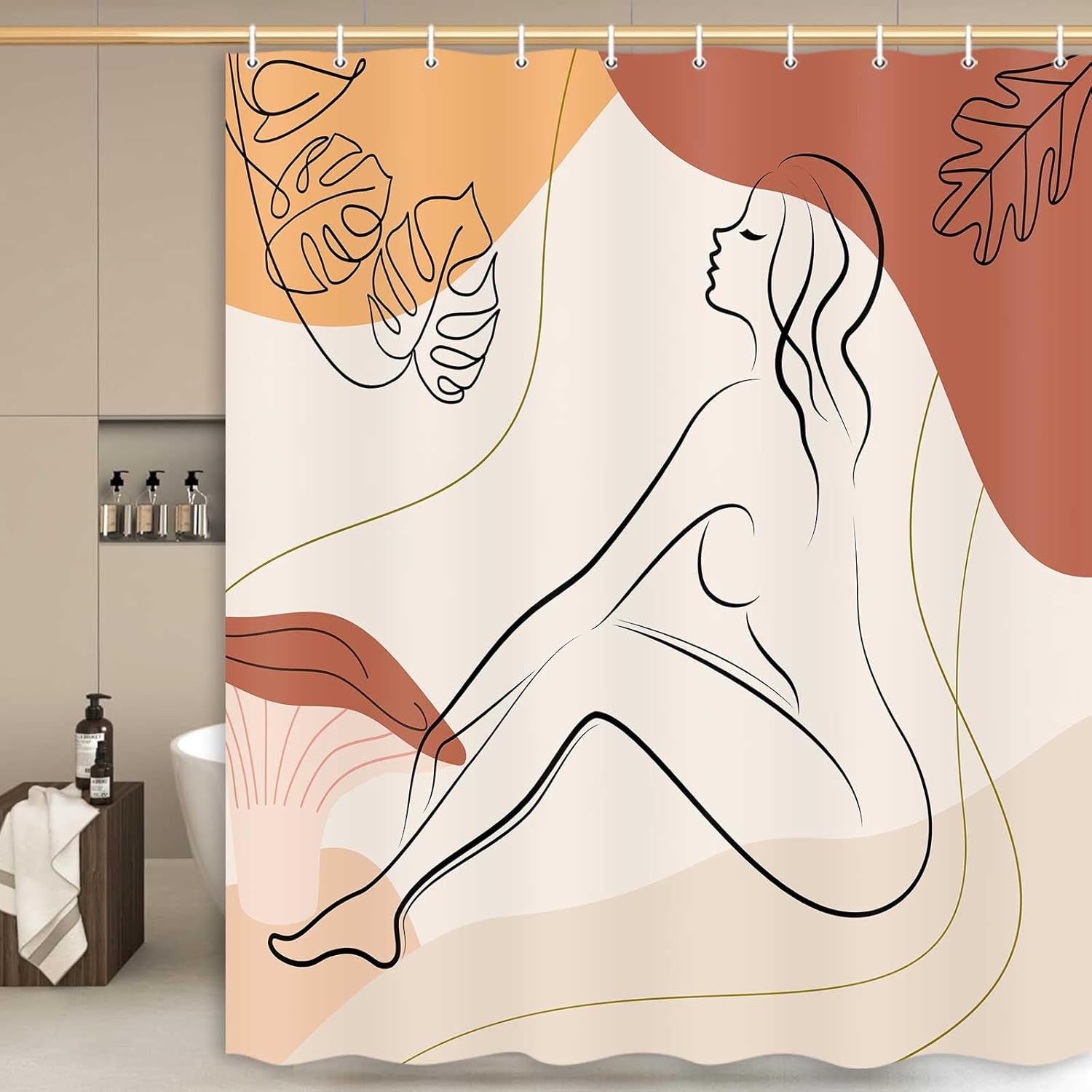 Boho Mid Century Modern Shower Curtain Abstract Minimalist Aesthetic Fabric Bath Curtain Decor Unique Novelty Girl Mushroom Bathroom Accessories with Hooks Set 72X78 Inch
