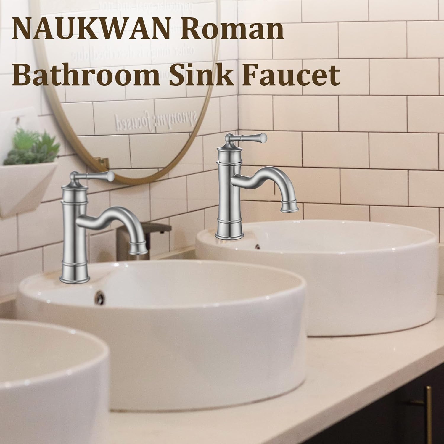 Roman Bathroom Sink Faucet, Single Handle 1 or 3 Hole Vanity Basin Faucets with Deck Plate, Vintage Long Arc Spout Solid Brass Faucet with Pop-up Drain Assembly Brushed Nickel NL-2201BN