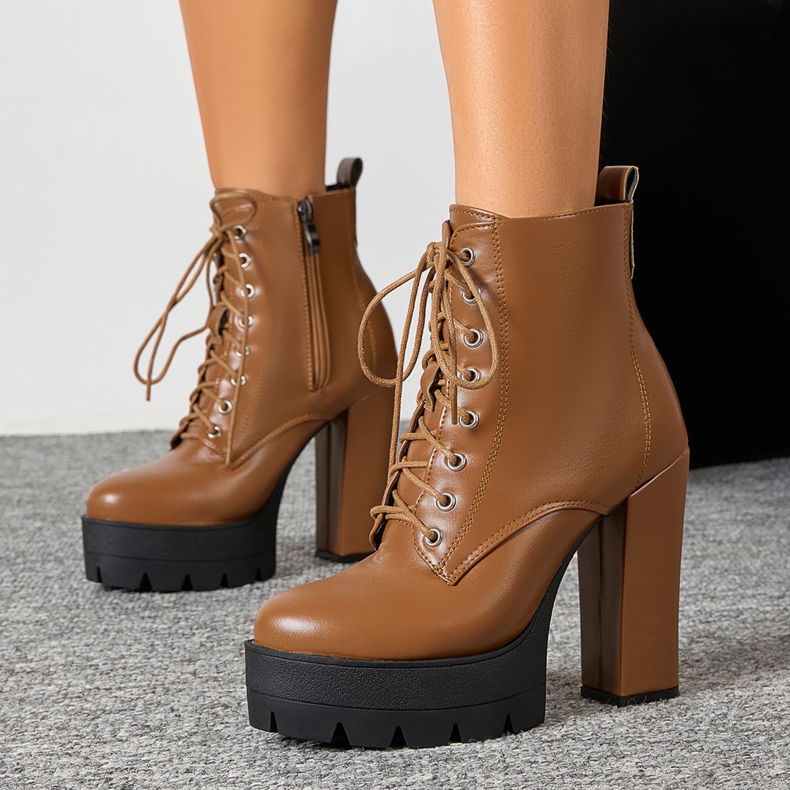 Stivali da Donna con Plateau, Tacco Blocco Alto 11,5 cm, Sexy Eleganti Lacci Tronchetti, Disponibile in Nero e Marrone