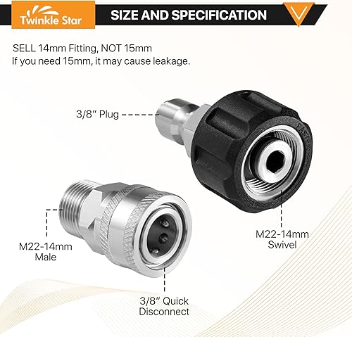 Miniatura 2 de Twinkle Star Juego de adaptadores para lavadora a presión, kit de desconexión rápida de acero inoxidable, M22 14 mm conexión rápida giratoria a