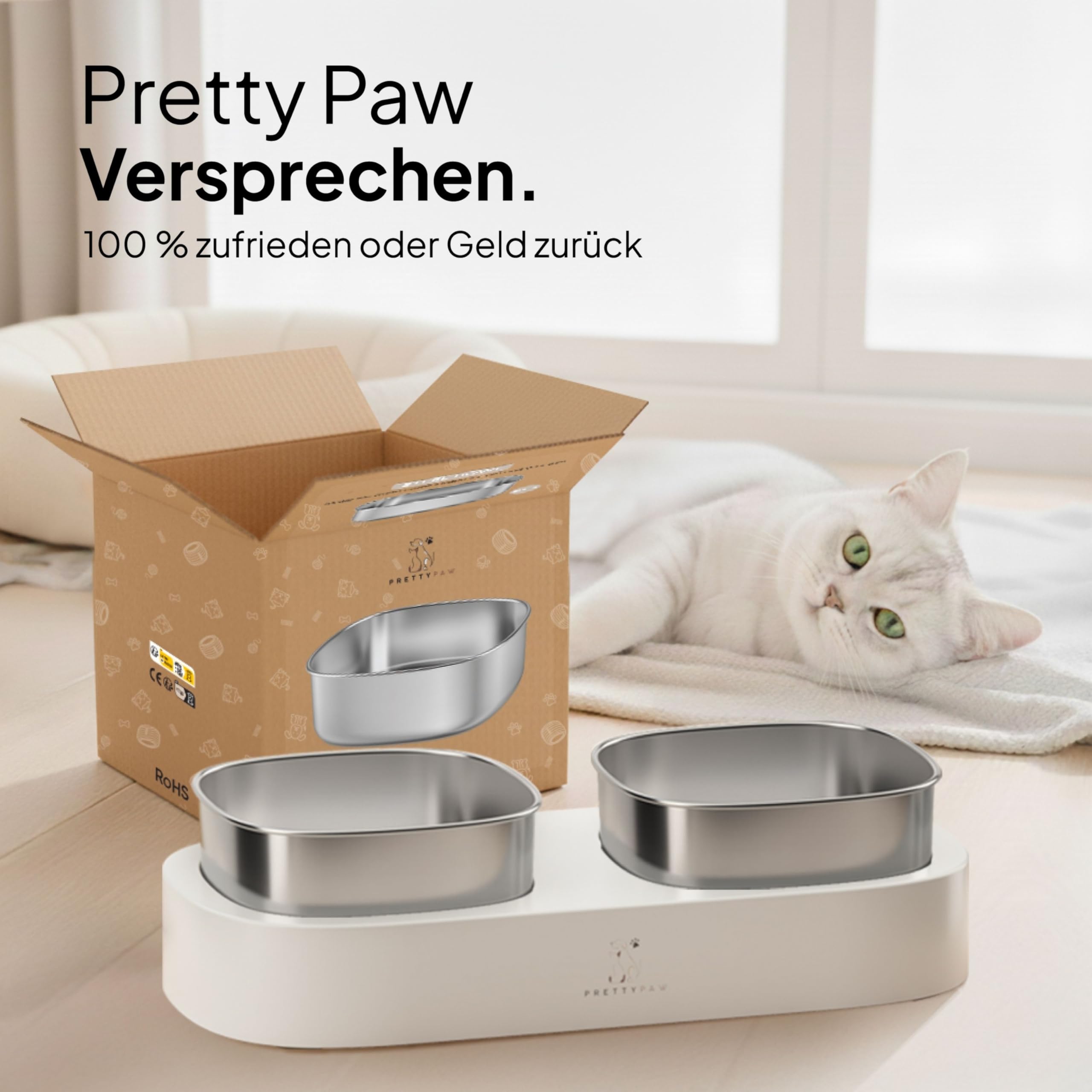 Pretty Paw Ciotola Rialzata per Gatti – Doppia Ciotola per Cibo e Acqua con Base Antiscivolo e Ciotole in Acciaio Inox per un’Alimentazione Ergonomica (Bianco)
