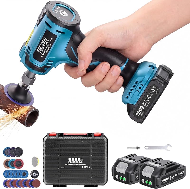 SEESII 1/4" Right Angle Die Grinder Kit w/ 2 Batteries,23PCS 2" Accessories