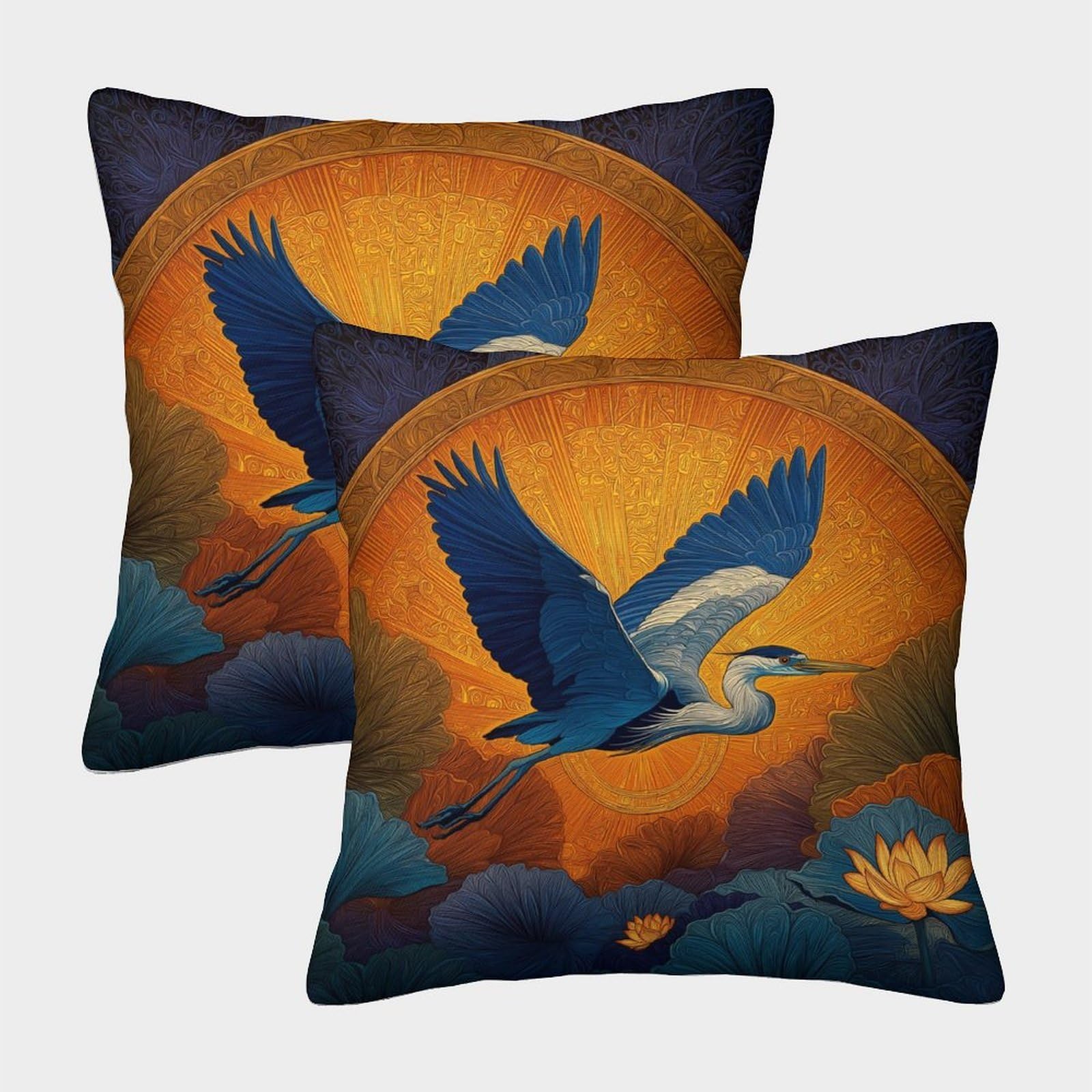kaiyun 2 Pack Blue Herons Fly by Amidst Blooming Lotus Flowers Personalised Cushion Cover Home Sofa Decoration 45x45cm Pillow Covers