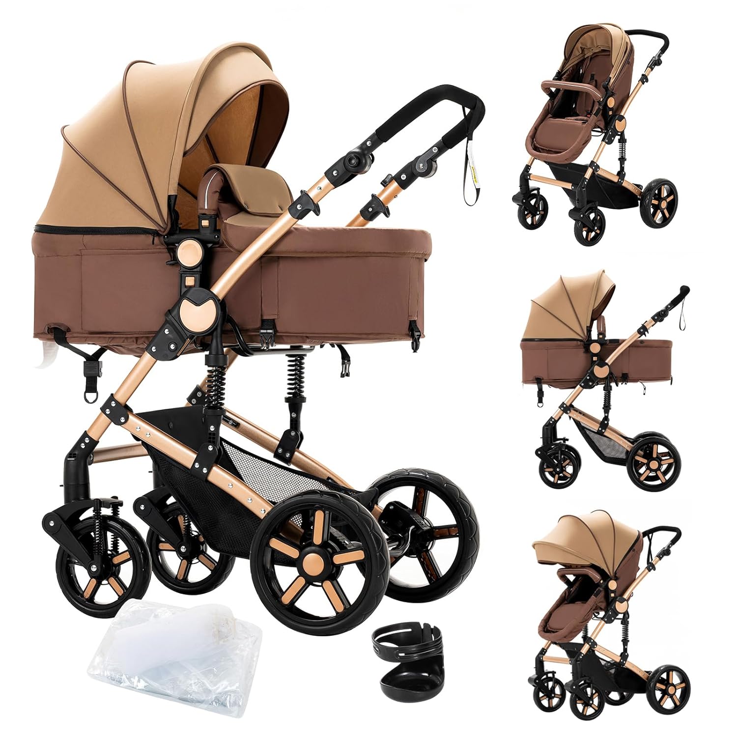 2 in 1 Baby Stroller with Bassinet Reversible Portable Standard Baby Stroller Convertible Pushchair Infant Buggy Baby Carriage Foldable High Landscape Pram for Toddler Newborn (2US588-KHAKI)