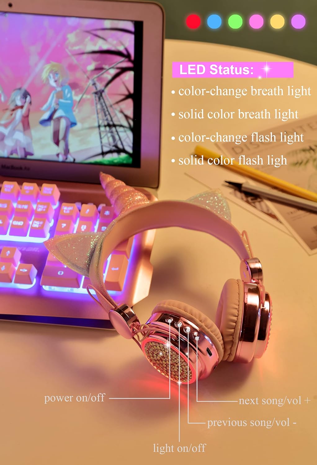 Kids Headphones Bluetooth Wireless, Unicorn LED Lights up Girls Headsets with Microphone, 10 Hours 5.0 Bluetooth Headphones for Girls, Kids, Flashing with Music Rhythm (Rainbow)