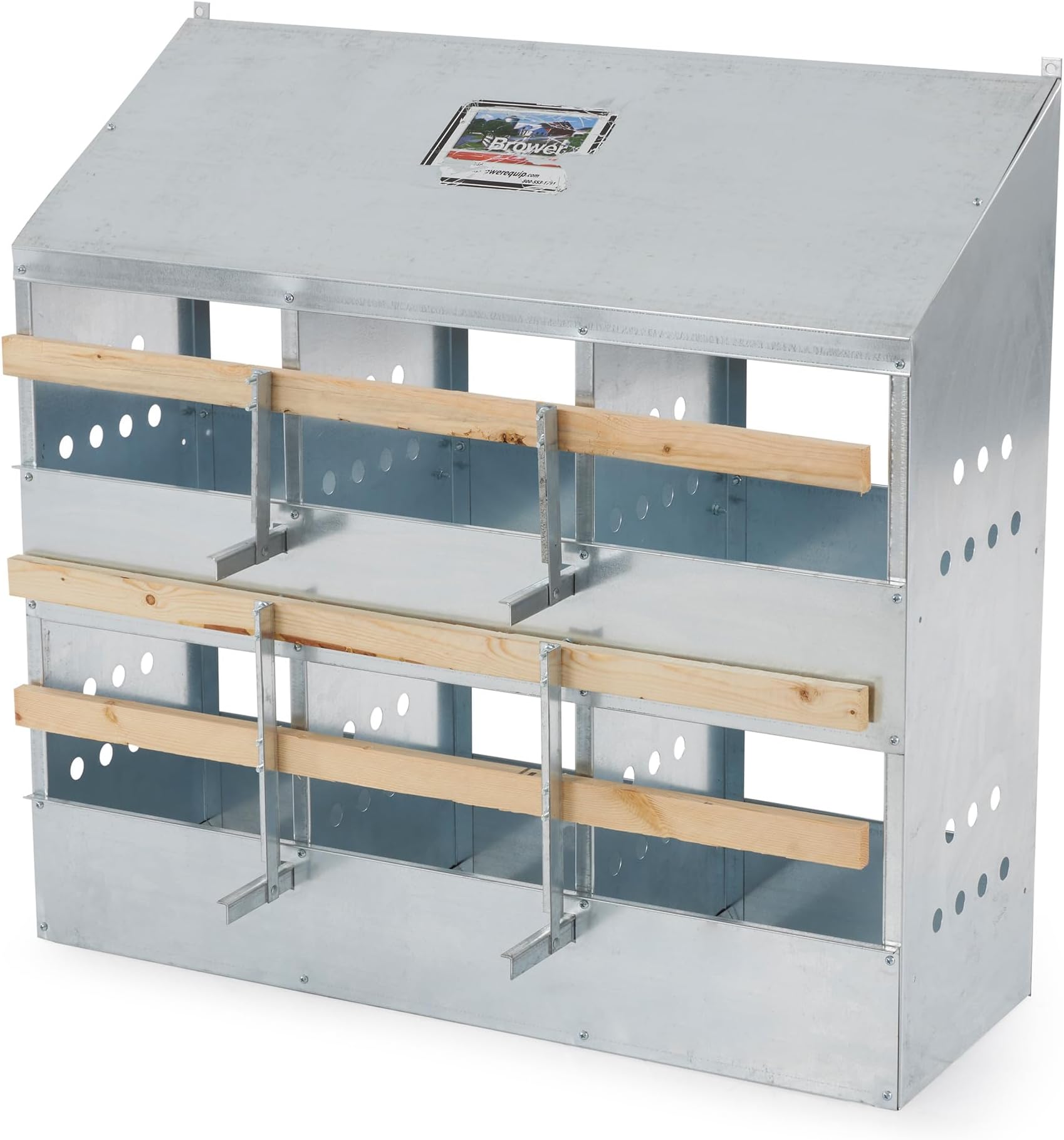 Brower 2-Tier 6-Hole Galvanized Steel Chicken Nesting Box, 30 to 40 Hen Capacity – Outdoor Poultry Laying Station with Hinged Folding Perches, Ventilated Design & Slanted Roof – Made in the USA