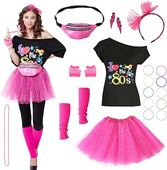 PARTTELY 80s Outfits Costume Accessories for Women -T-Shirt, Fanny Pack, Tutu Skirt & More for Halloween, Birthday Parties