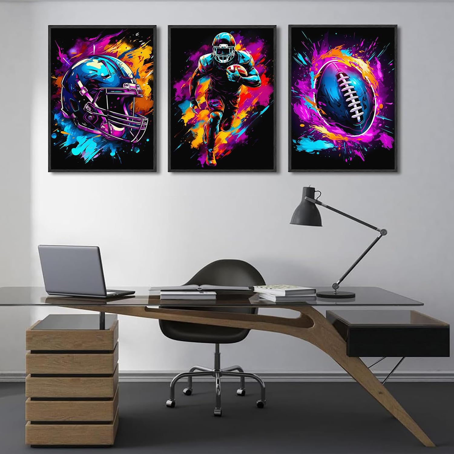 ZUGHRERF 3Pcs Football Wall Art Watercolour Color Splash Ink Rugby Canvas Poster Graffiti Cool Gaming Sport Themed Picture Print Artwork for Boys Teen Kids Room Playroom Wall Decor 12x16in Unframed image 3