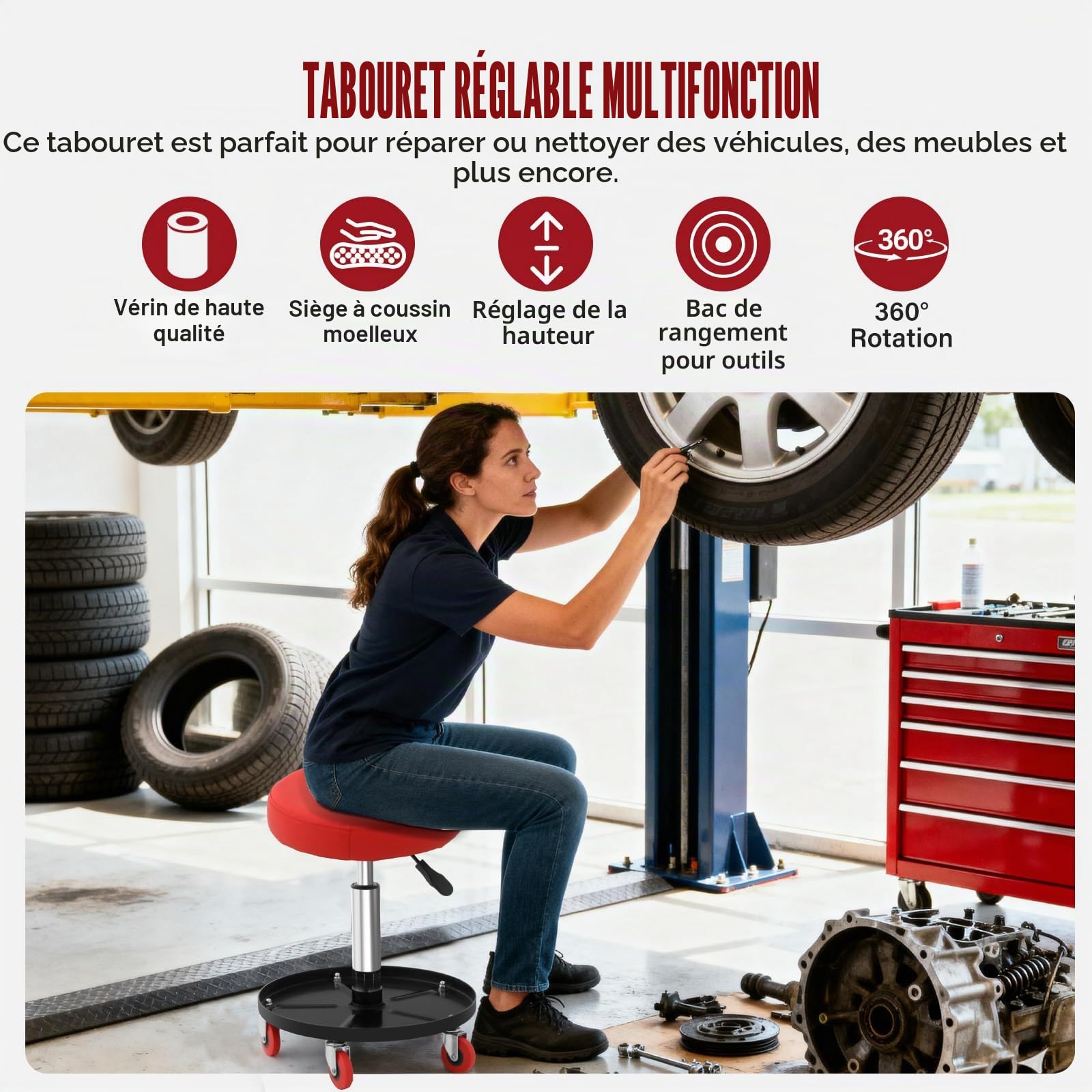 Tabouret d'Atelier Mobile Charge, Tabouret de Mécanicien à Roulettes Lisses Siège d'Atelier Hauteur Réglable avec Plateau à Outils Cadre Robuste Assis our Entretien Réparation Automobile Garage