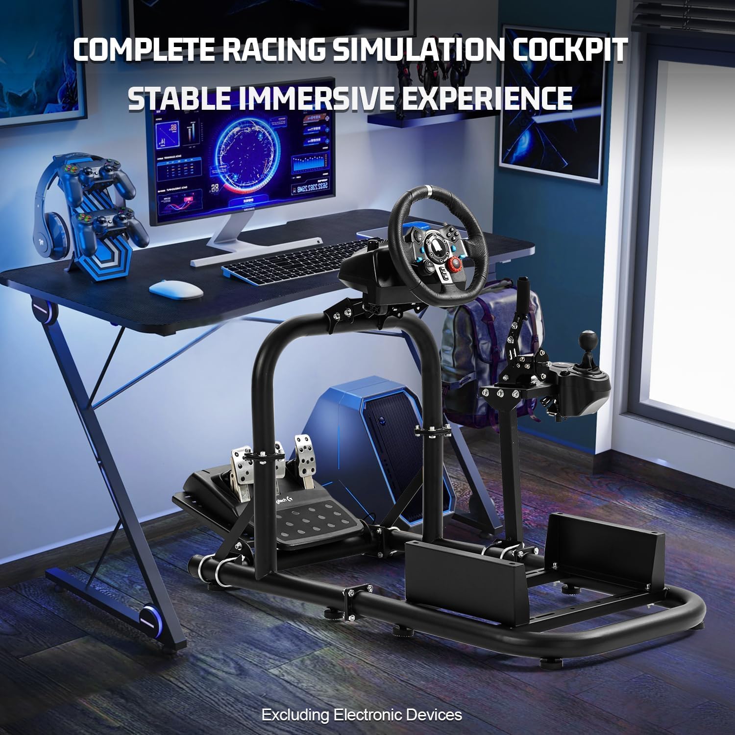 Marada Racing Simulator Cockpit set up with a racing wheel, pedals, and shifter in a gaming environment