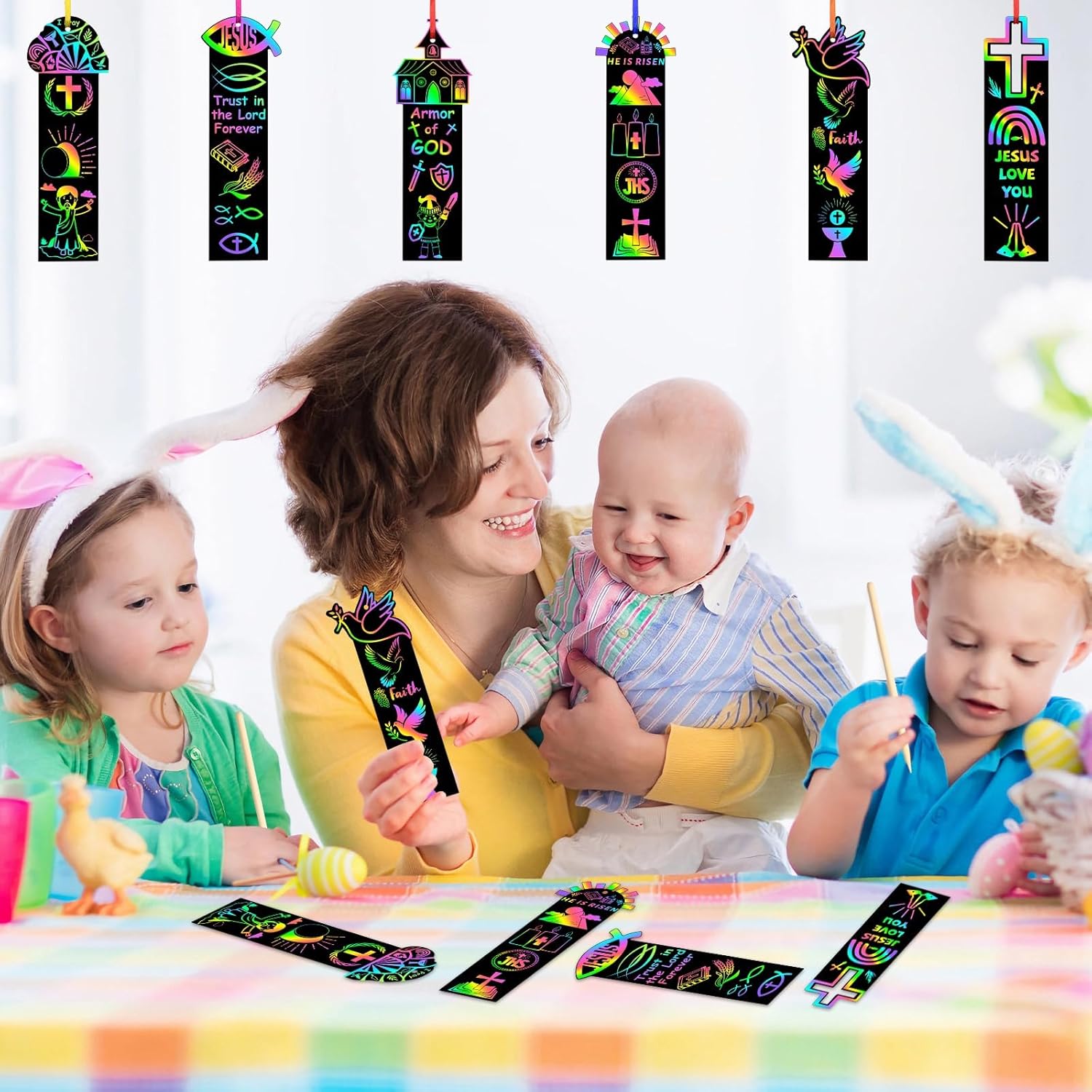 AUGSUN 96Pcs Religious Easter Crafts for Kids, Rainbow Color Scratch Art Christian Bookmarks Religious Gifts for Kids Resurrection Cross Scratch Cards Sunday School Church Bible Crafts Kits