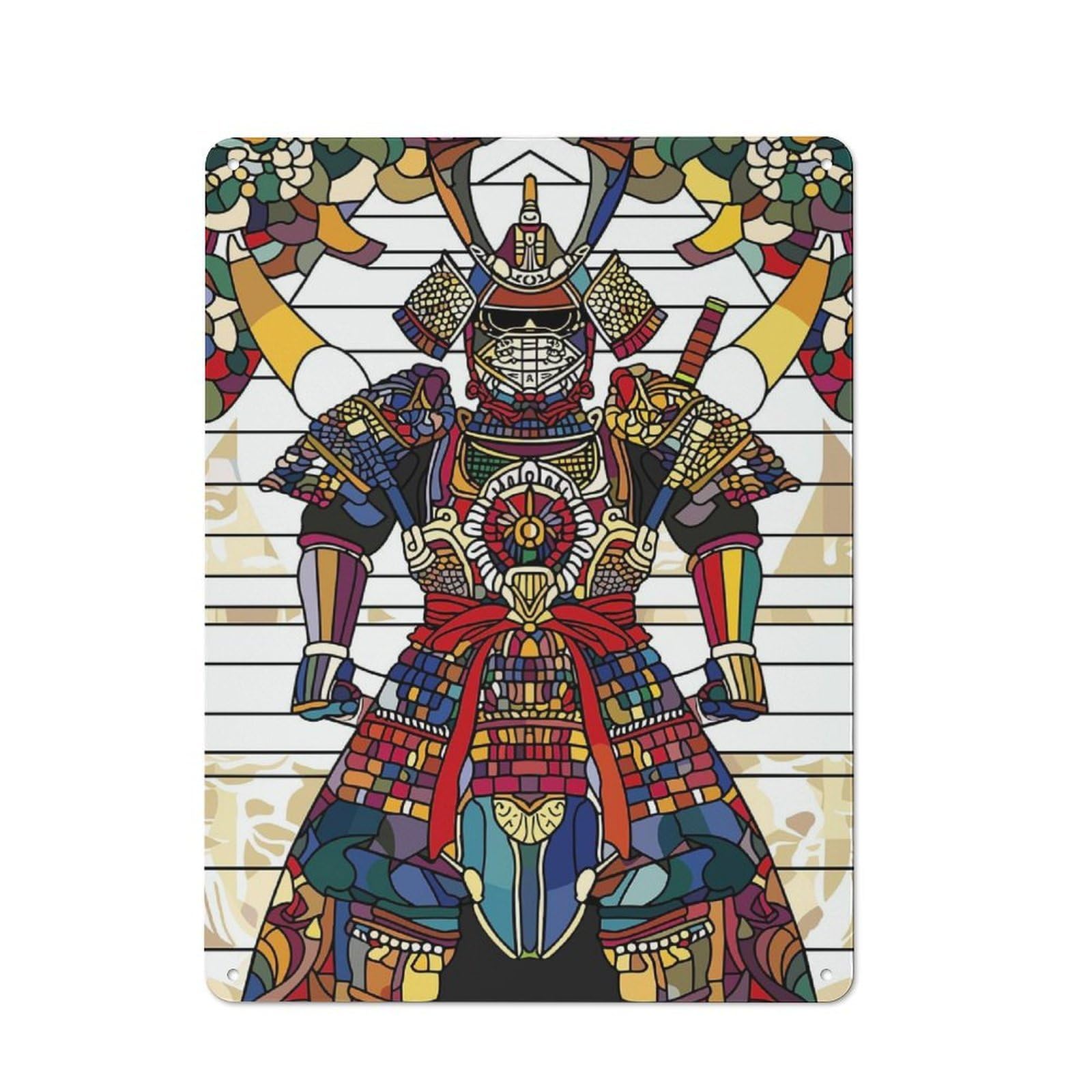 Junmoney Style-4 Tin Wall Plaque 40X30cm With Stained Glass Samurai Warrior For Hobby Room Or Studio, For Themed Interiors In Hobby Rooms And Studios