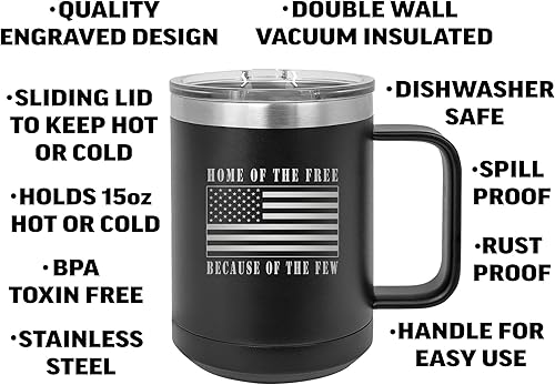 Miniatura 2 de Rogue River Tactical Taza de café negra de acero inoxidable resistente con tapa con la bandera estadounidense de Estados Unidos, Home of The Free