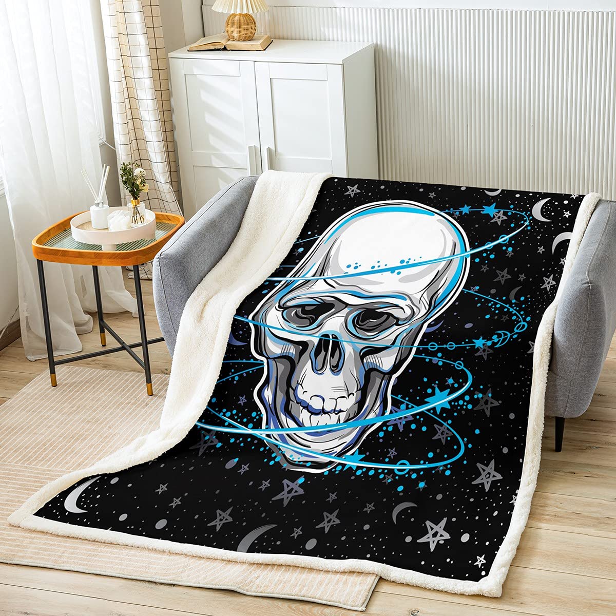 Loussiesd Sugar Skull Throw Blanket for Bed Sofa Kids Galaxy Skull Skeleton Sherpa Blanket Outer Space Universe Fleece Blanket Blue Starry Sky Fuzzy Blanket Double 60x79 Inch