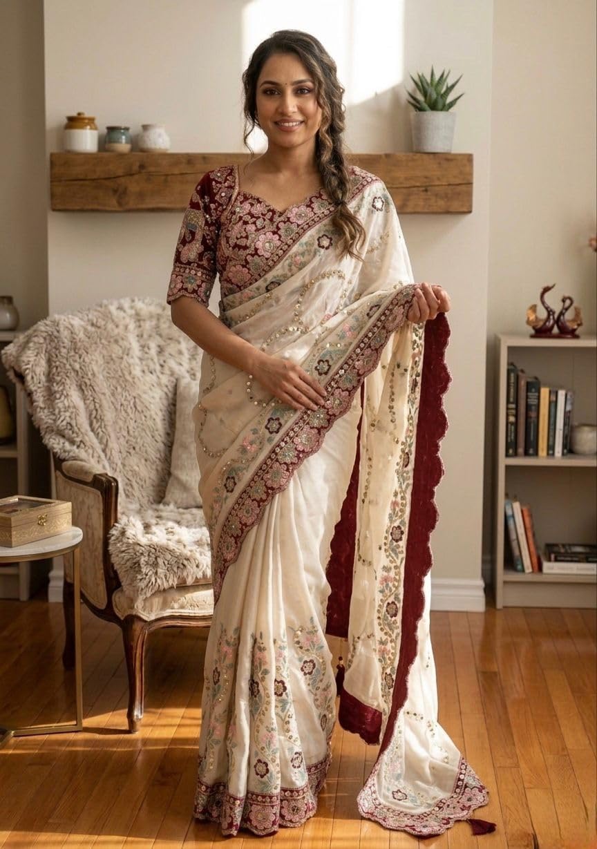 Women’s Designer Pink Soft Rangoli Silk Saree with Real Mirror Embroidery & Banglori Silk Corset Blouse