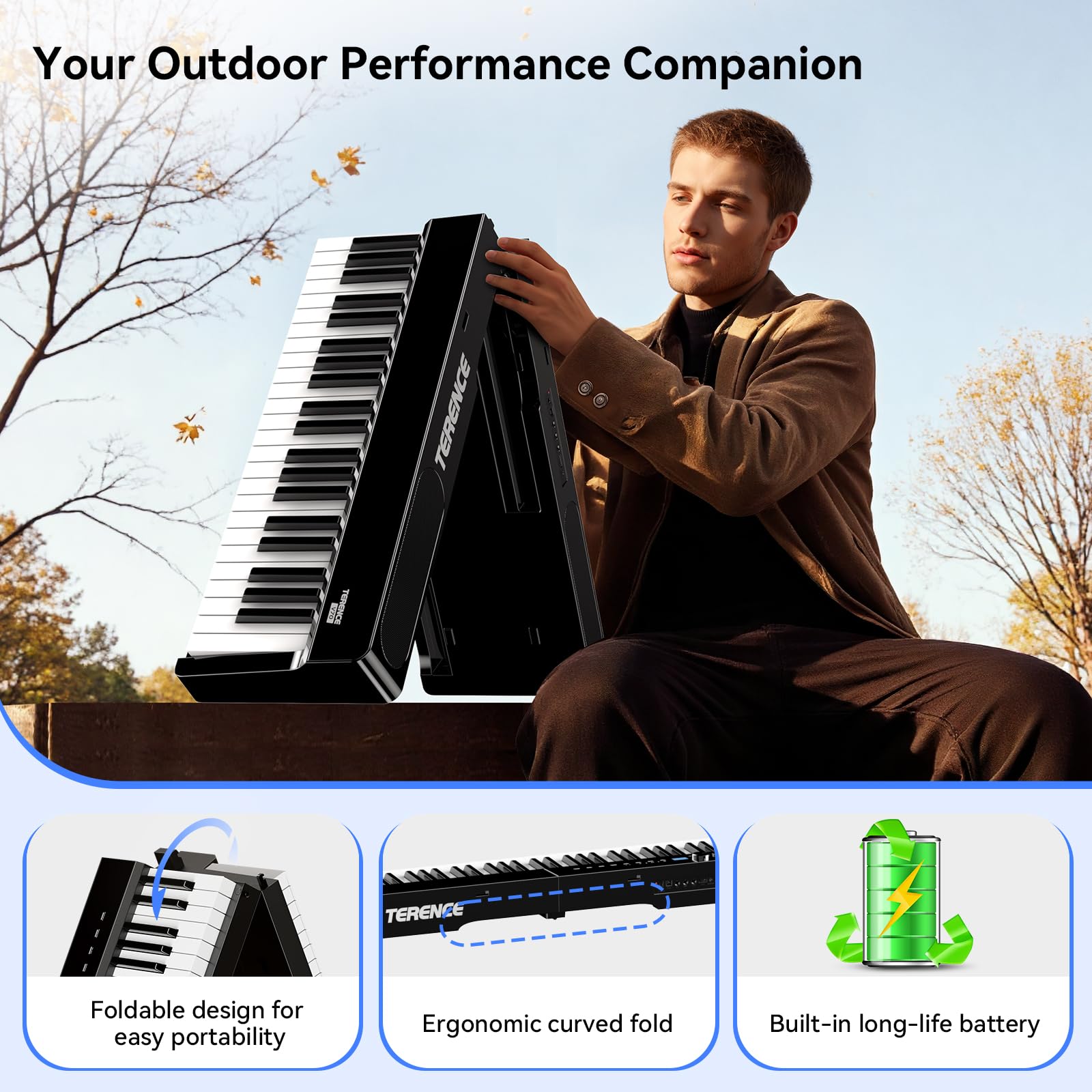 TERENCE V70 Klappbares Digitalpiano E-Piano mit 88 Tasten gewichtete Hammertastatur 4 Lautsprecher 20W+5W*2 kraftvoller Sound Piano Keyboard mit Bluetooth Kopfhöreranschluss inklusive Zubehör,Schwarz