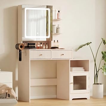 ChooChoo Vanity Desk with Led Lights and Mirror, Small Makeup Vanity with Charging Station, Dressing Table for Bedroom Dressing Room,Pink