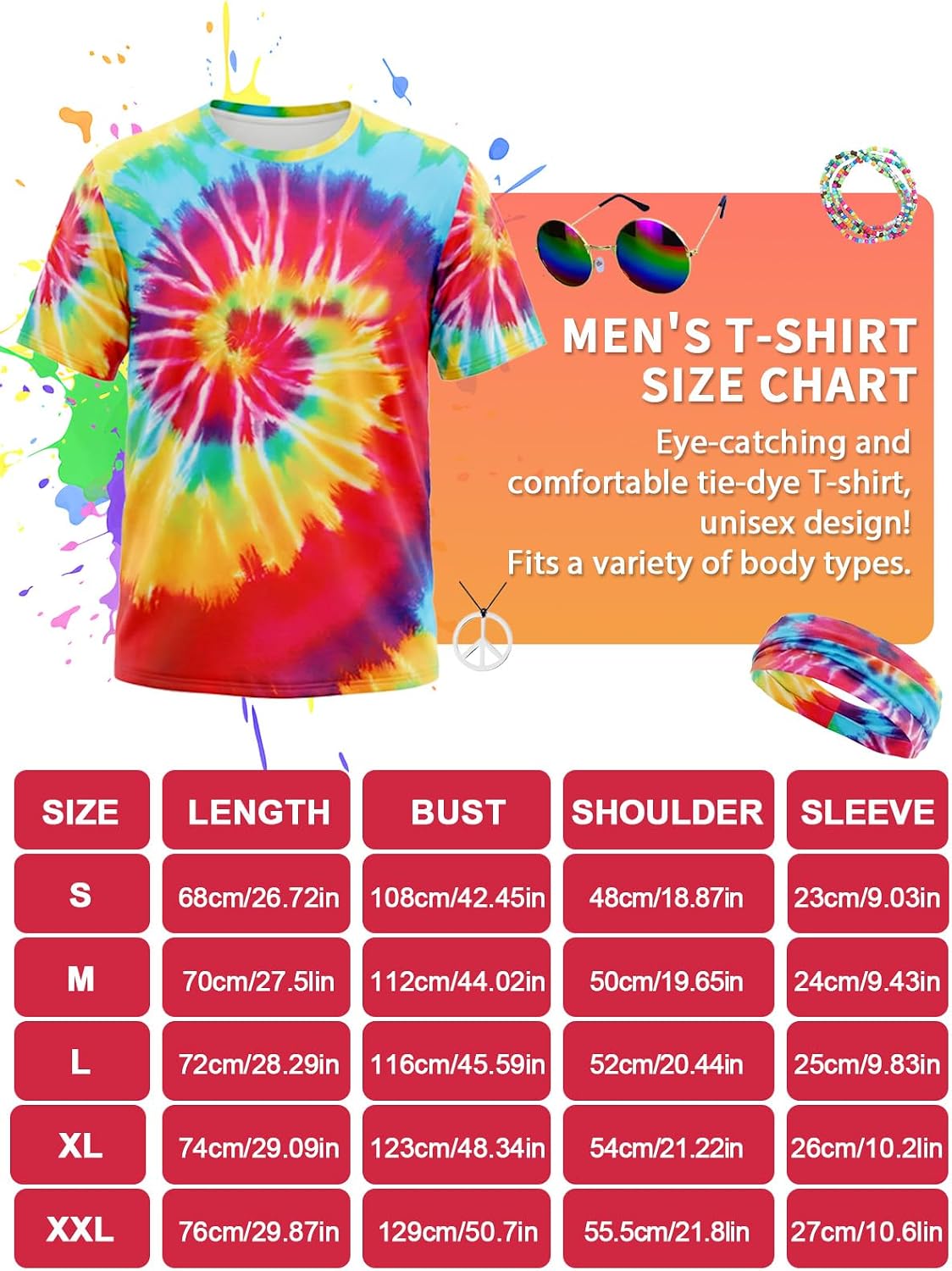 70s Outfits for Men Hippie Costume for Men Tie Dye T-shirt Fringe Vest Peace Necklace Wig Sunglasses Headband