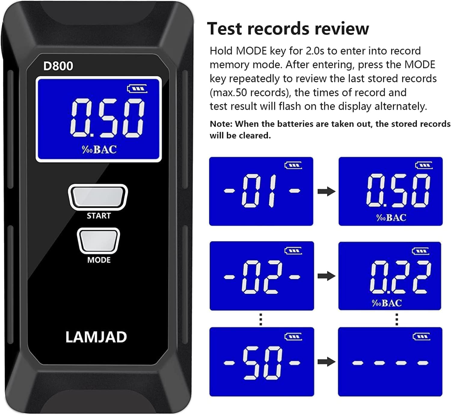 LAMJAD D800 Breathalyzer showing test record review function