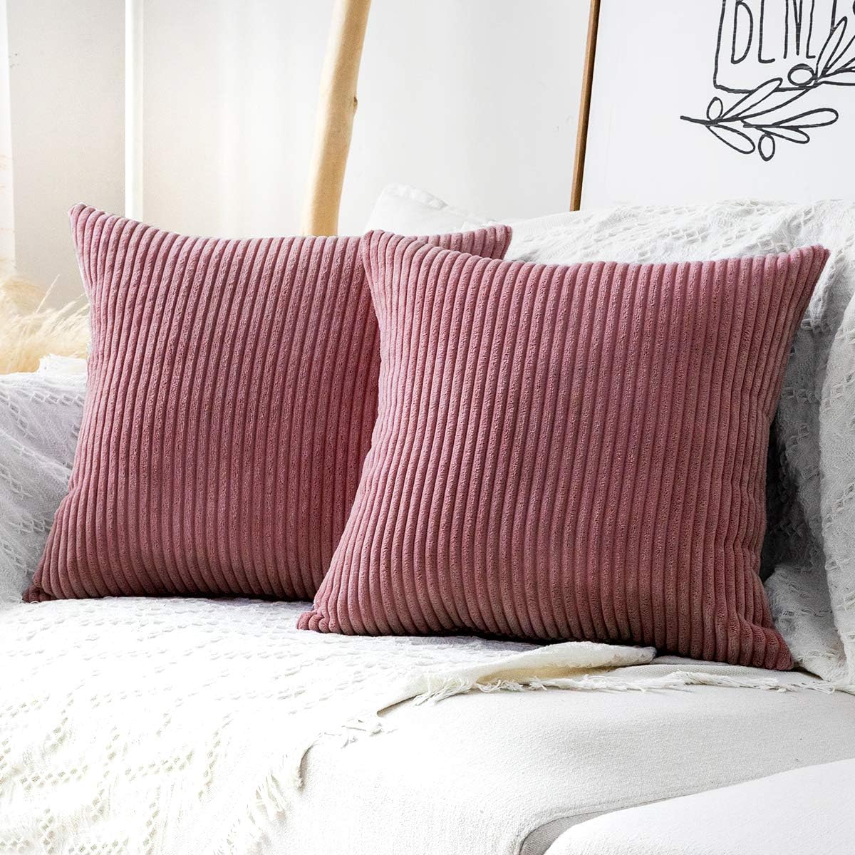 MUDILY Pack of 2 Throw Pillow Covers Striped Velvet Corduroy Couch Pillow Cushion Covers Pillowcases for Sofa Bedroom Car, Grey Pink 18 x 18 inch 45 x 45 cm