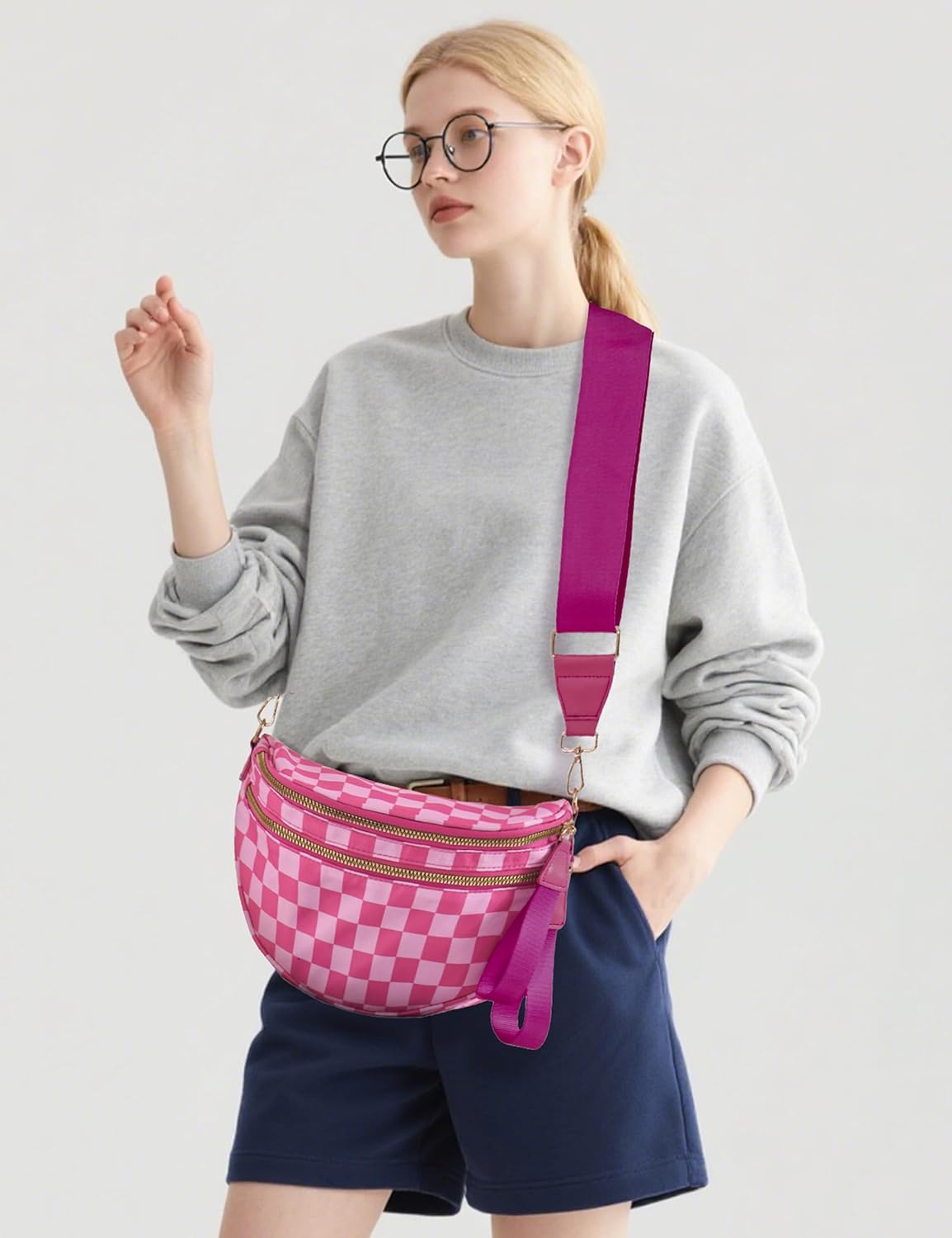 Checkered Crossbody Bum Bags for Women, Spacious Water-Resistant Nylon Shoulder Belt Bag Checkered Purse - Image 2