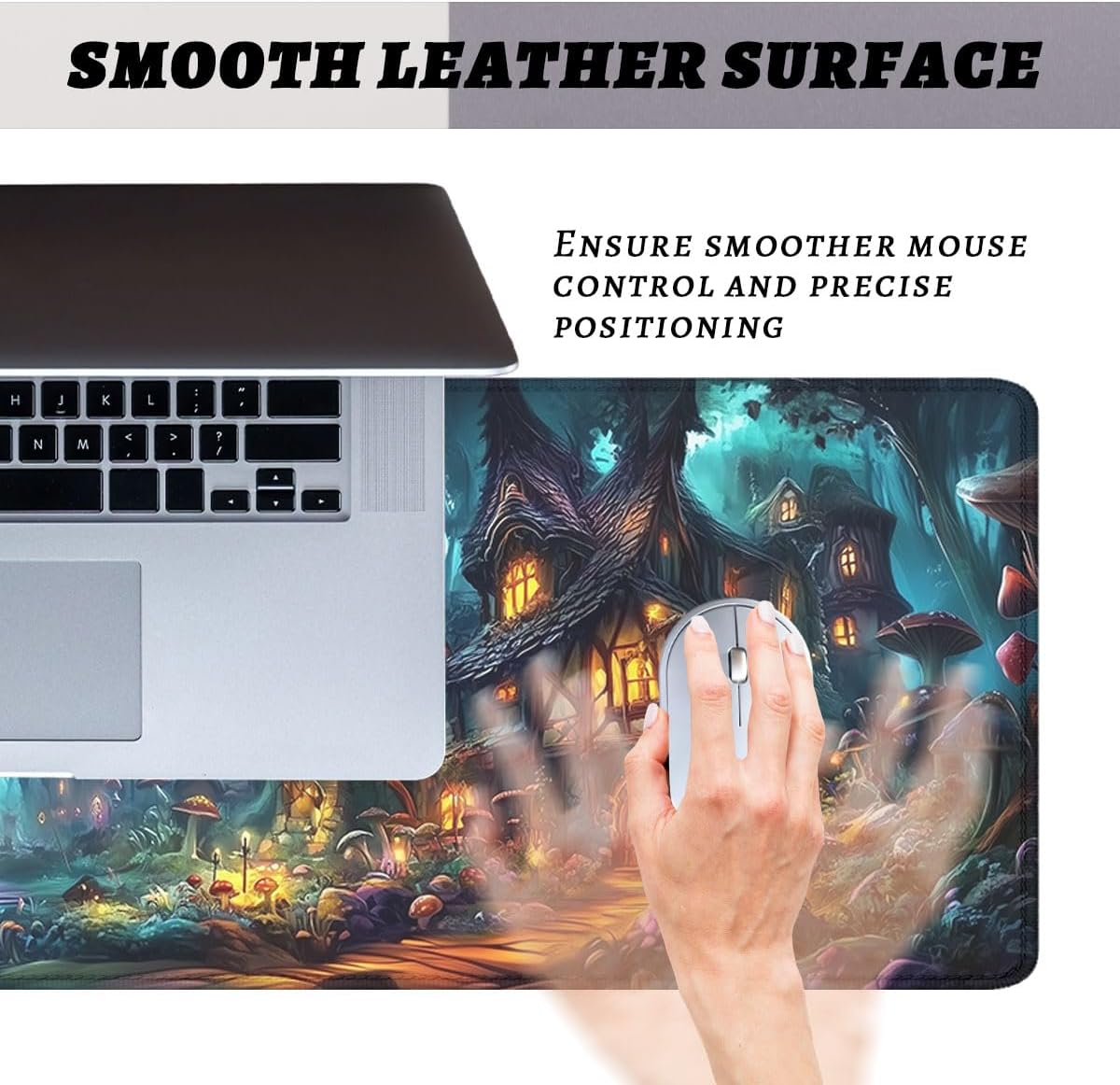 Fantasy Forest Mouse Pad, Enchanted Cottage Mushroom Village Gaming Desk Mat Extended Laptop Keyboard Non-Slip Rubber Base with Stitched Edges for Home, 31.5x11.8in Desk Home Office Gaming image 3