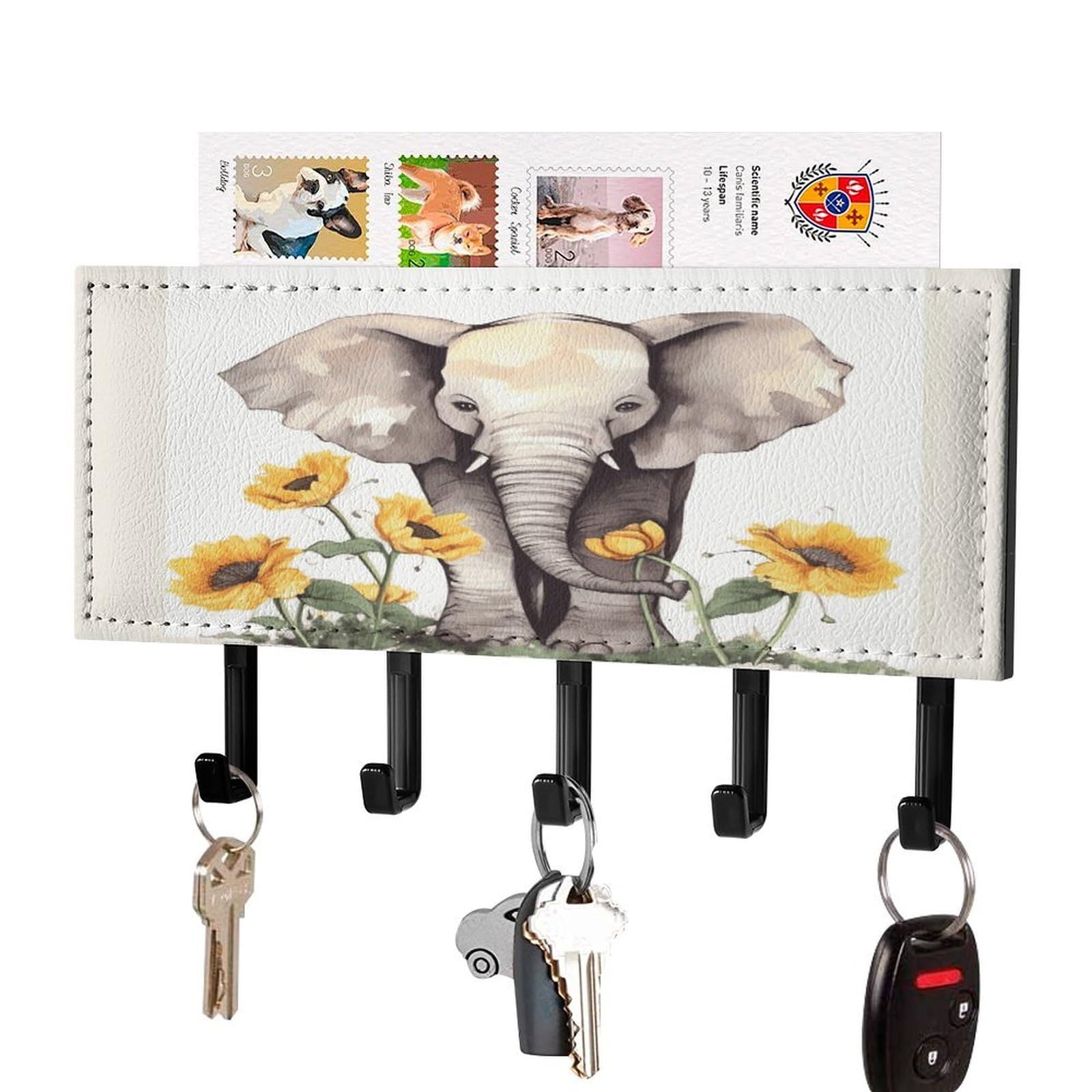 Fekiloot Black-Style Elephant And Sunflower Key Holder For Wall Decorative Mail Organizer With 5 Key Hook Self Adhesive Key Rack With Tray Coat Rack Wall Mount Key Hanger Decor For Entryway Door
