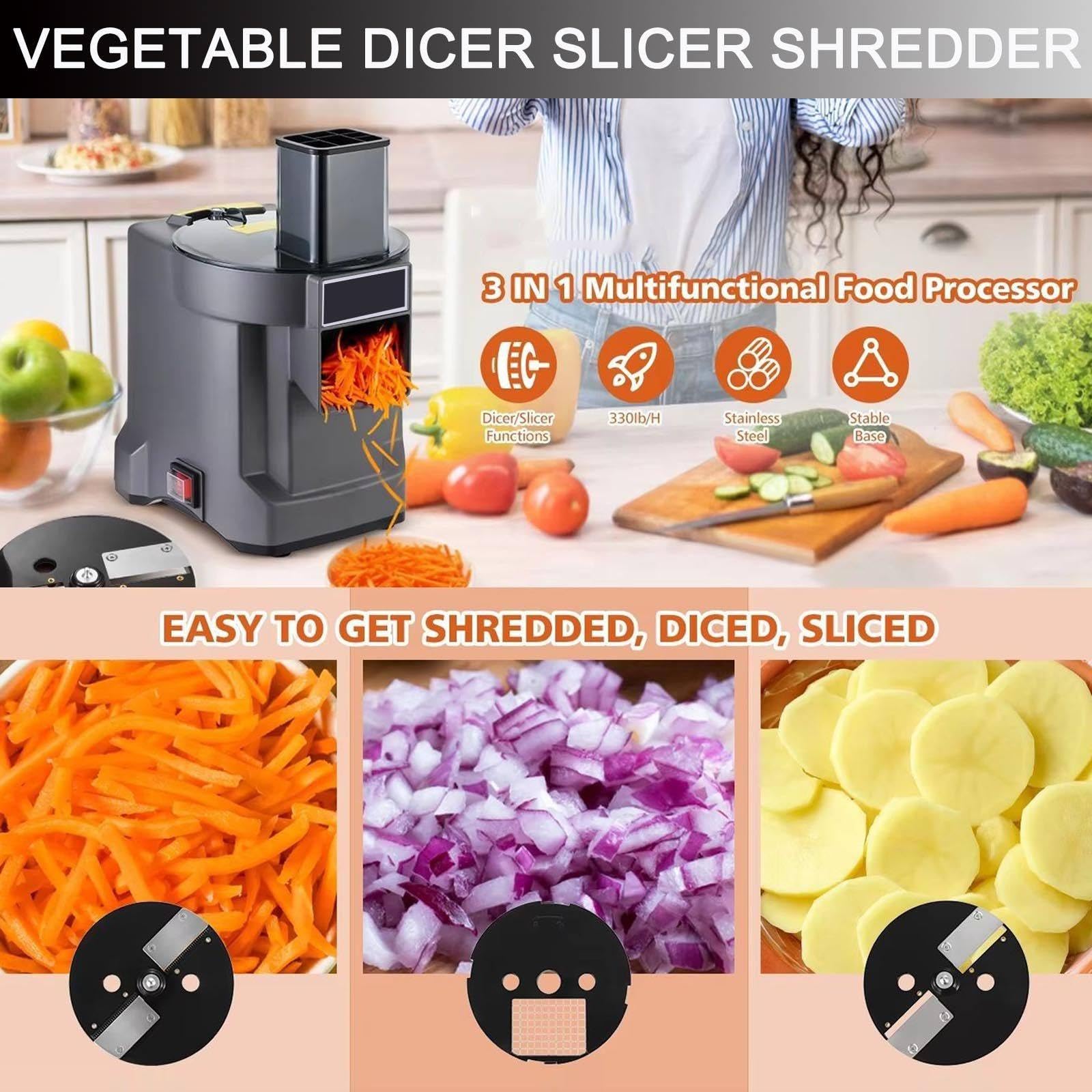 Picadora profesional para verduras de 100 W, robot de cocina 3 en 1, cortador de patatas y rallador de cebollas automático con 3 cuchillas de acero inoxidable – Para comercial y doméstico