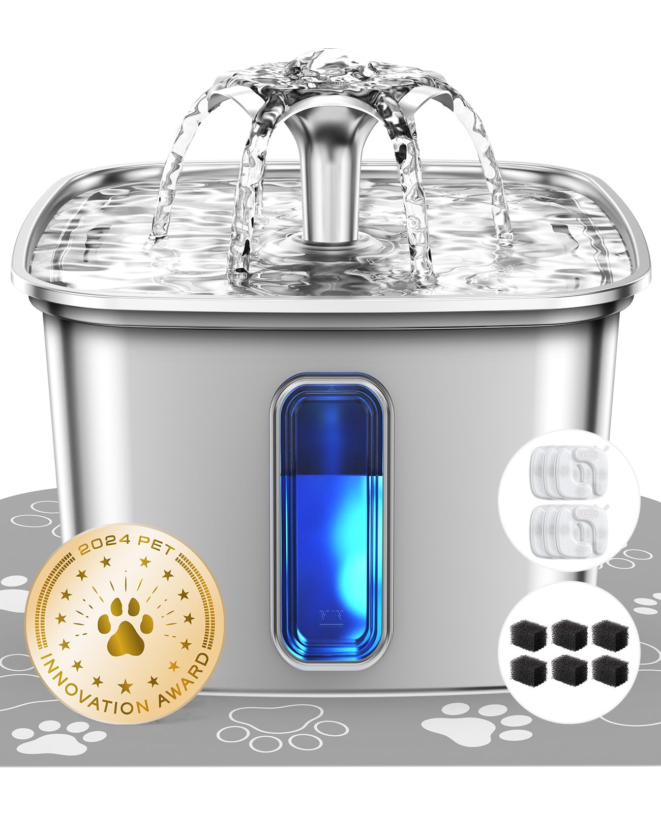 Veken Innovation Award Winner Stainless Steel Cat Water Fountain, 108oz/3.2L Automatic Pet Fountain Dog Water Dispenser with 6 Replacement Filters &