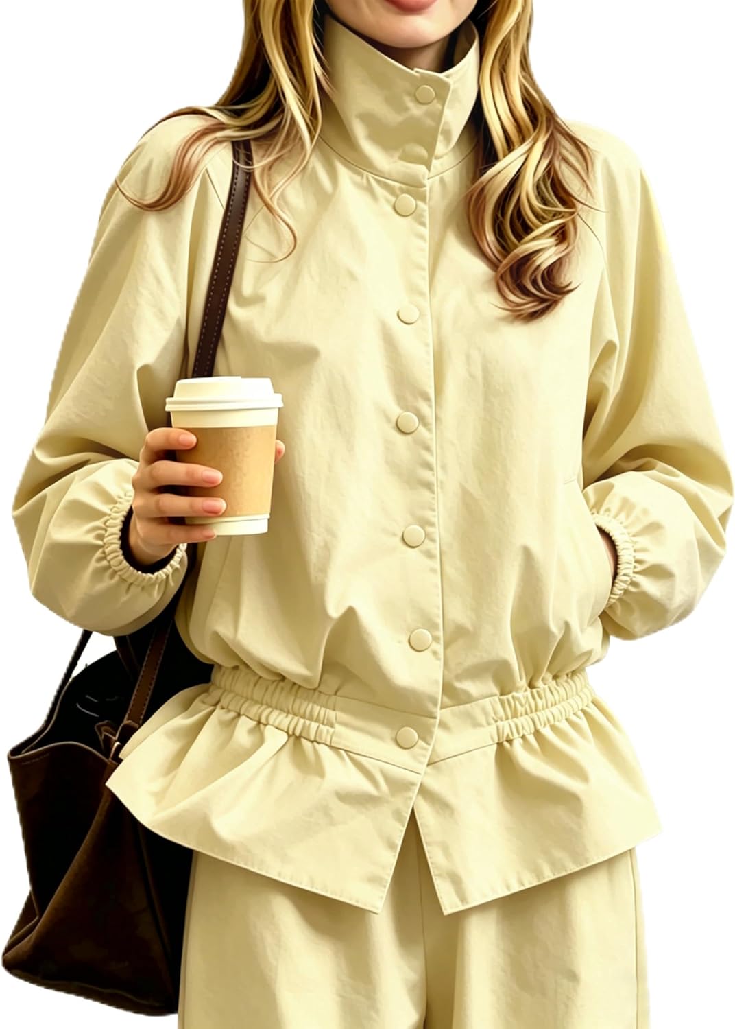 Womens Oversized Bomber Puff Jacket Stand Collar Lightweight Elastic Waist Windproof Shacket Coat