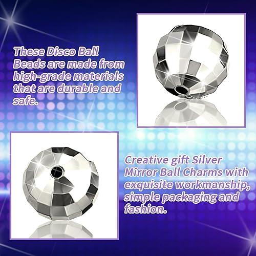 Miniatura 4 de Poen 200 cuentas redondas de bola de discoteca reflectantes plateadas, mini pulseras de bola de discoteca, collares, aretes, colgantes para disfraz