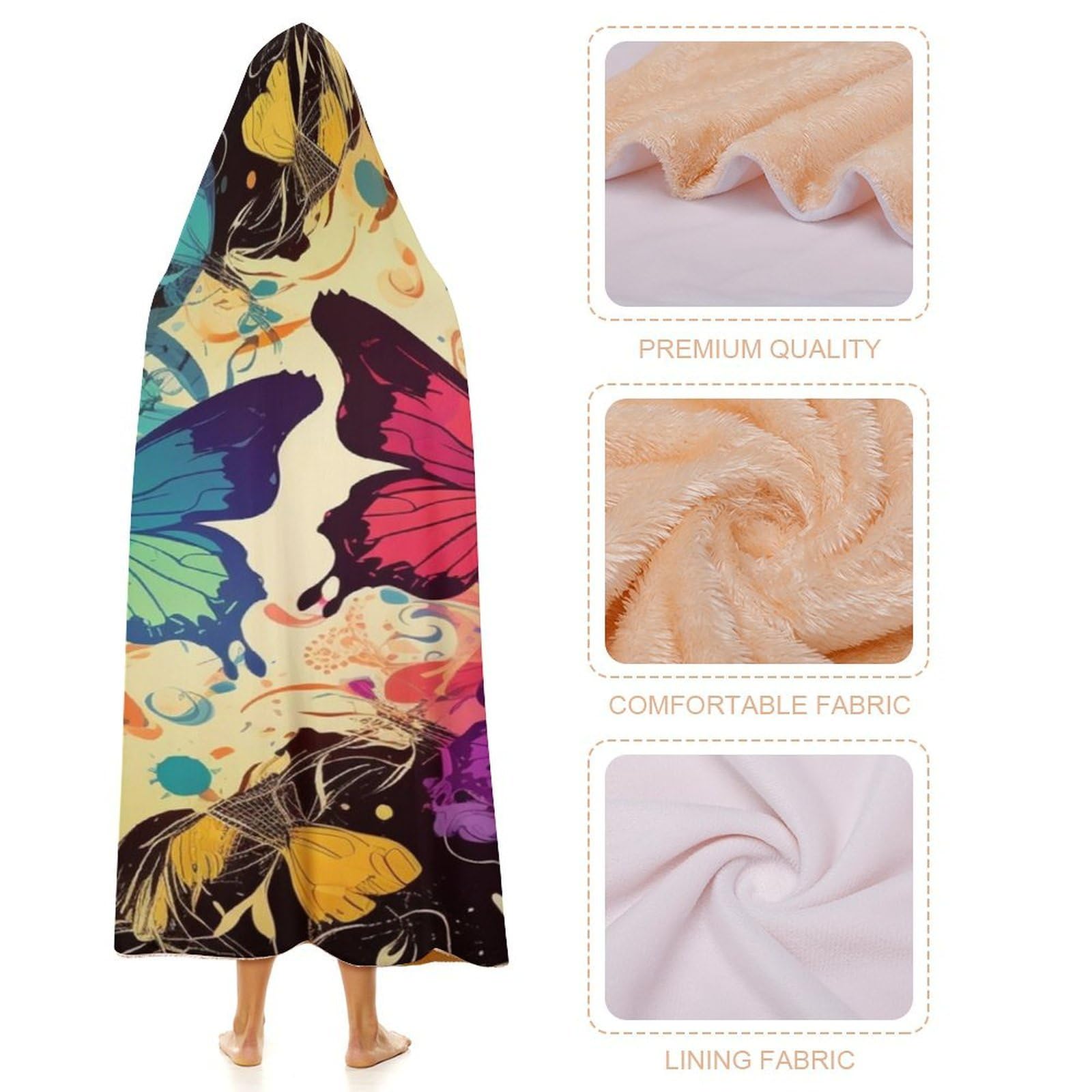 Koc do noszenia, ponczo na pelerynę, oversize, miękkie, ciepłe, dla dorosłych, kolorowy wzór motyla, koc, bluza z kapturem