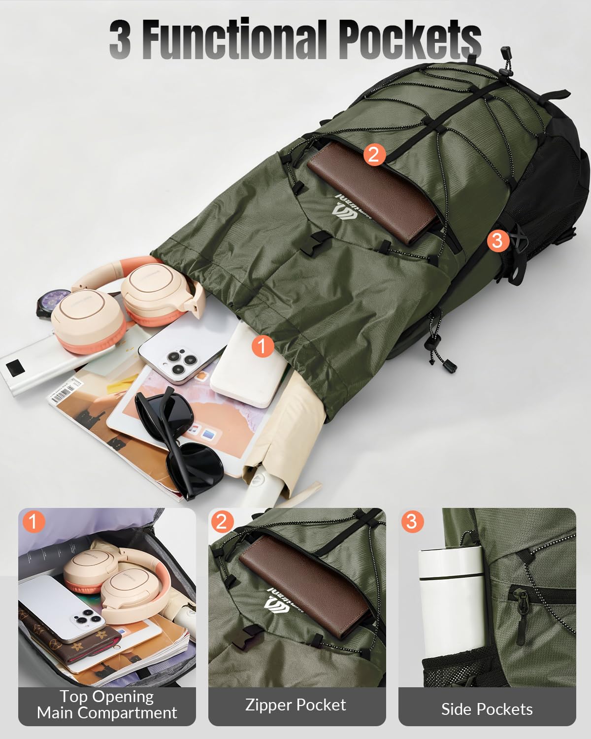 Zaino da trekking impermeabile da 25 l, con cinghia toracica, per uomo e donna, leggero, traspirante, imbottito, da viaggio, escursionismo, Verde scuro, L