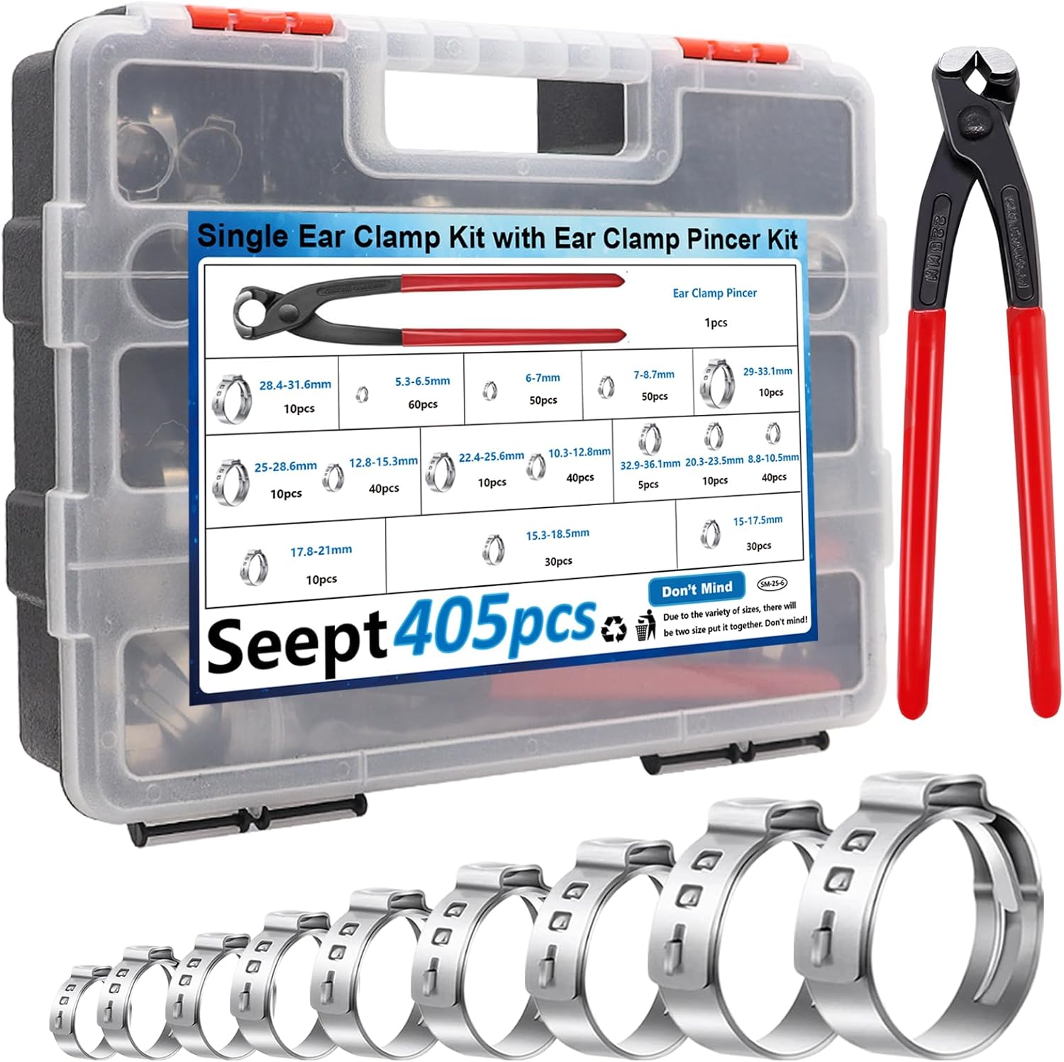 405Pcs 15-Sizes 304 Stainless Steel Single Ear Hose Clamps with Ear clamp plier 5.3-36.1mm Crimp Hose Clamps Assortment Kit for Auto/Home Appliance/Pipe/Fuel Line Stepless hose clamp with pincer