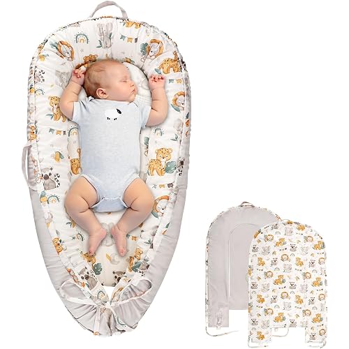 Baby Lounger Cover for Boys Girls, Reversible Baby Nest Cover, Adjustable Baby Lounger Replaceable Cover for Infant Newborn, Portable and Machine Washable, Cotton Gray Elephant Cover Only