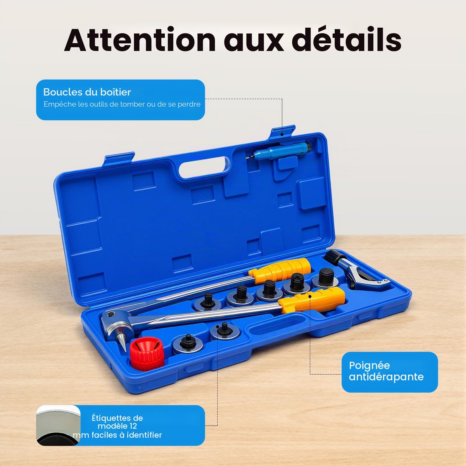 Kit d'élargisseur de tuyaux manuel de 10 à 28 mm avec sac de transport et 7 têtes d'extension interchangeables permettant d'élargir le cuivre et l'aluminium