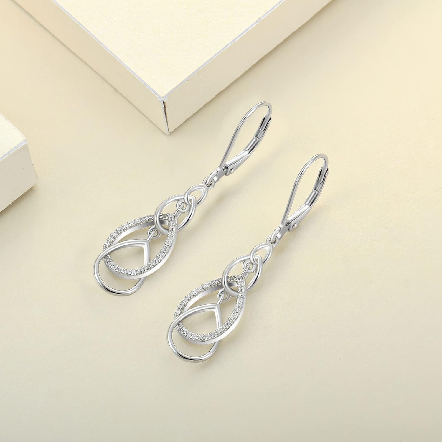 YL 925 Sterling Silver Teardrop Dangle Drop Earrings Cubic Zirconia Interlocked Jewelry for Women - Image 5