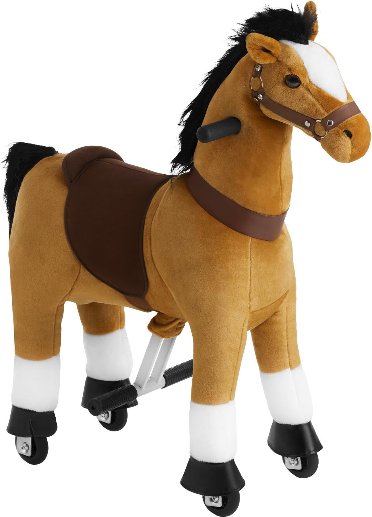 tectake® Rocking Horse for Toddlers & Children, Detailed Ride On Horse with Saddle, Halter, Mane & Tail, Non-Slip Handles & Pedals, Toy Horse with Comfortable Plush Fabric & Wheels - 29 x 76 x 85 cm