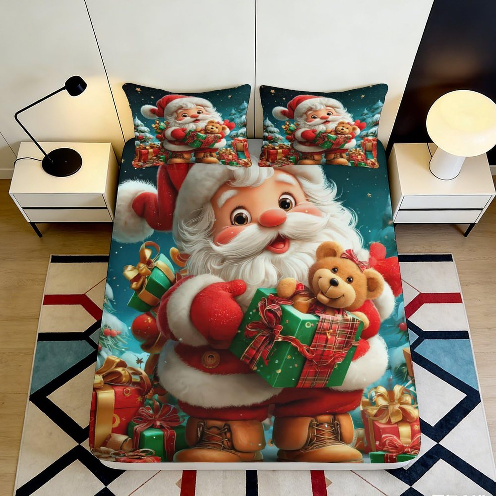 3D Printed Santa Claus Christmas Fitted Sheet Microfiber Soft Decorative Teddy Bear Bed Cover for Bedroom Guest Room 90x200x25cm