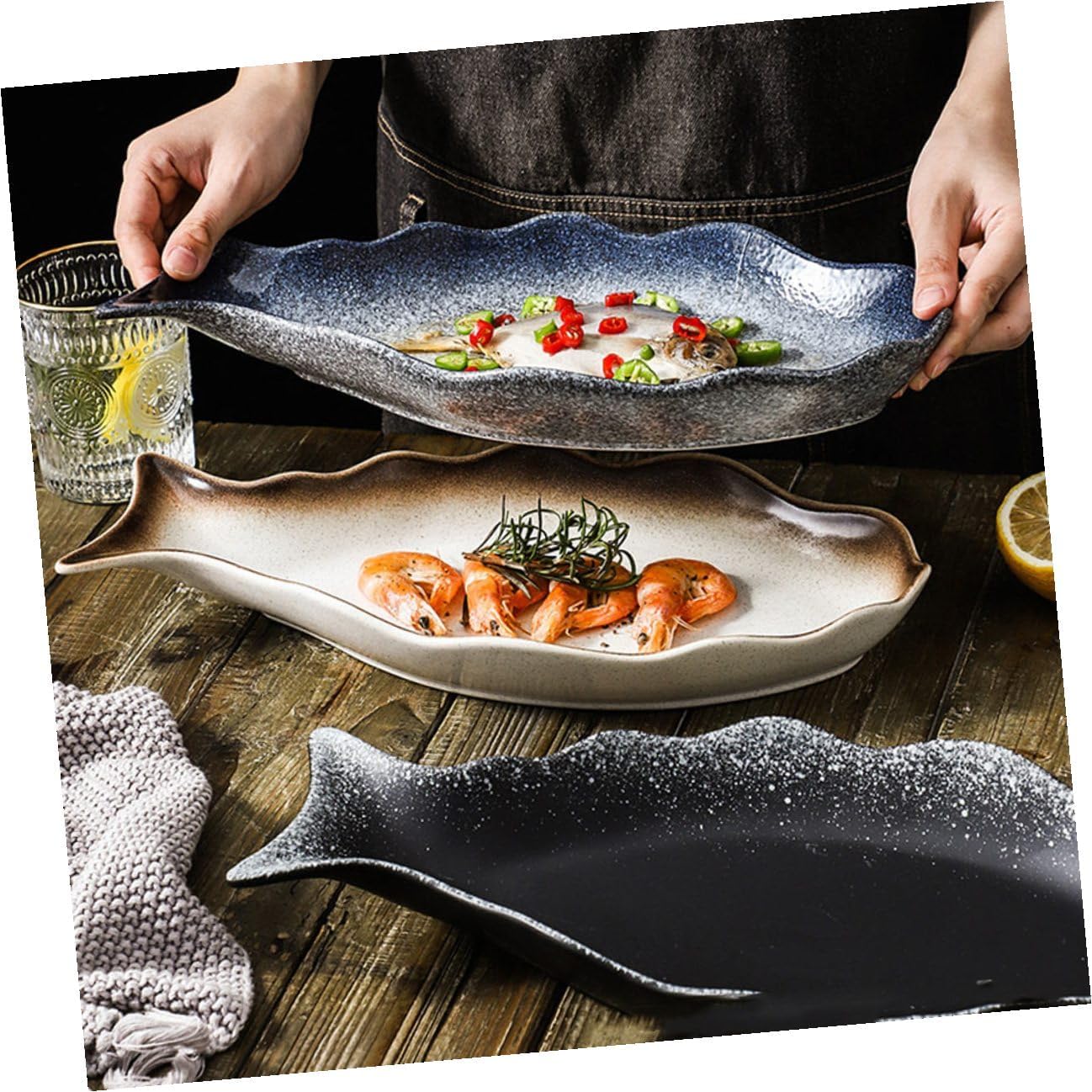 Ceramic Steamed Fish Plate 14-inch Japanese Style Kitchen Serving Dish Food-grade Sushi Plate for Restaurant and Home Fish Presentation