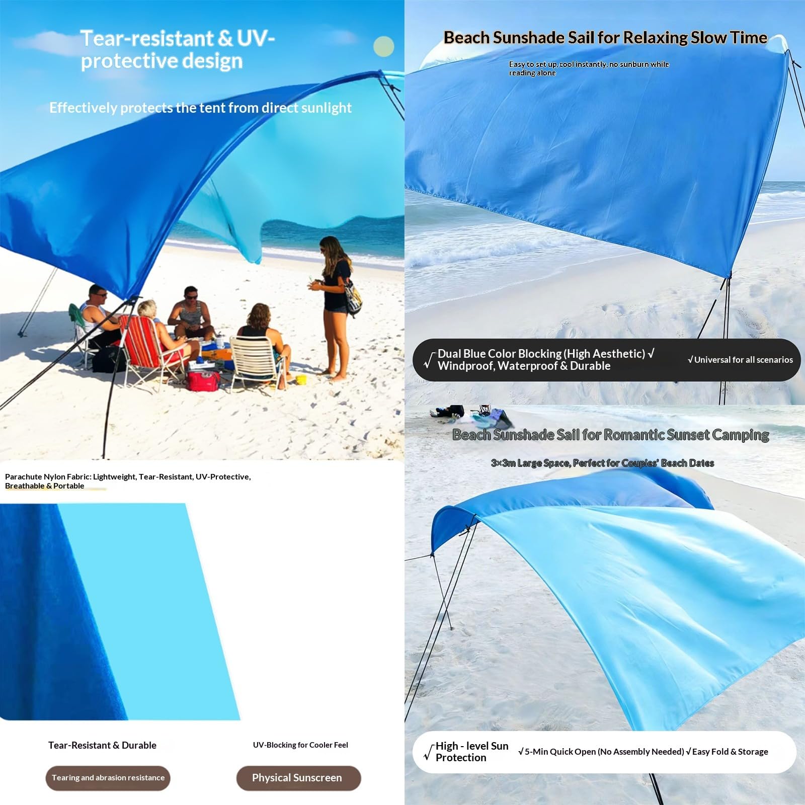 Tragbarer Strand Sonnenschutz, 210T Fallschirm-Nylon reißfest & wasserdicht, 300×300cm/500×300cm Familien-Zelt für 6–8 Personen, Schnellaufbau für Strand, Garten, Pool und Picknick