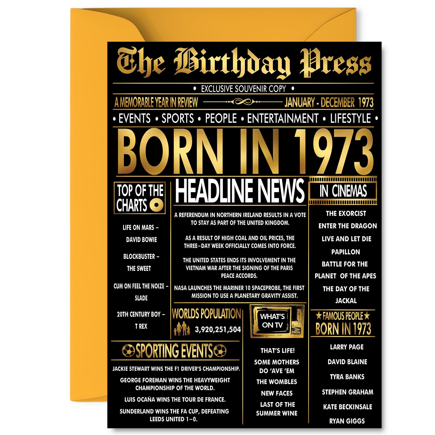 Gold 53rd Birthday Card for Men Women - Black & Golden Newspaper Born in 1973 - Happy 53 Birthday Cards for Dad Wife Nanny Grandad Husband Brother, A5 Bday Greeting Cards