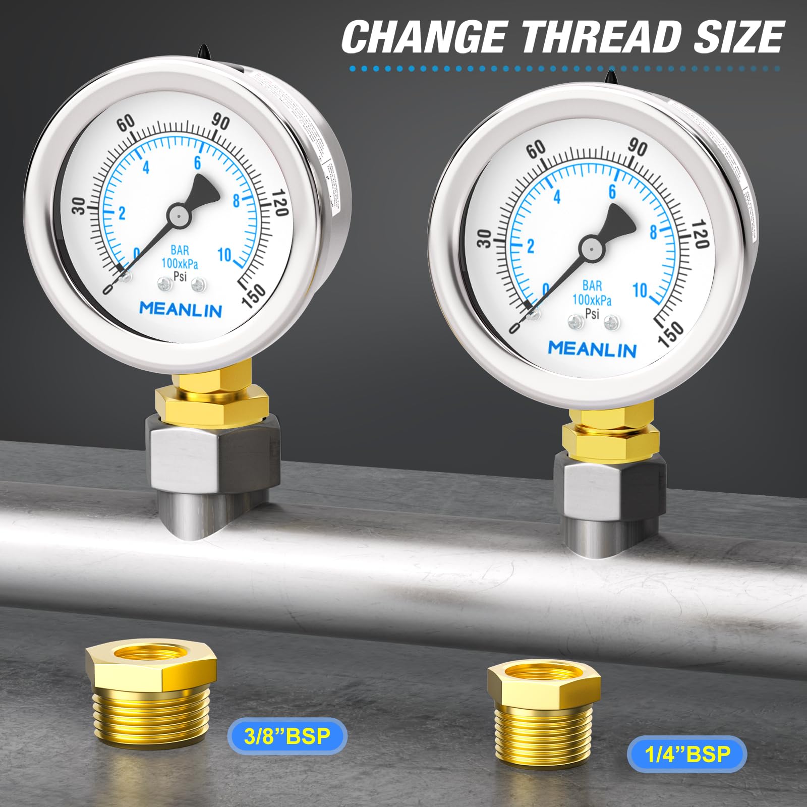 MEANLIN MEASURE 0~10BAR/0~150PSI Suchy manometr ze stali nierdzewnej 1/8" BSP 2" FACE DIAL wodoodporny do pompy studni, ciśnienie wody, dolny montaż, z gniazdem sześciokątnym 1/4" BSP i 3/8" BSP