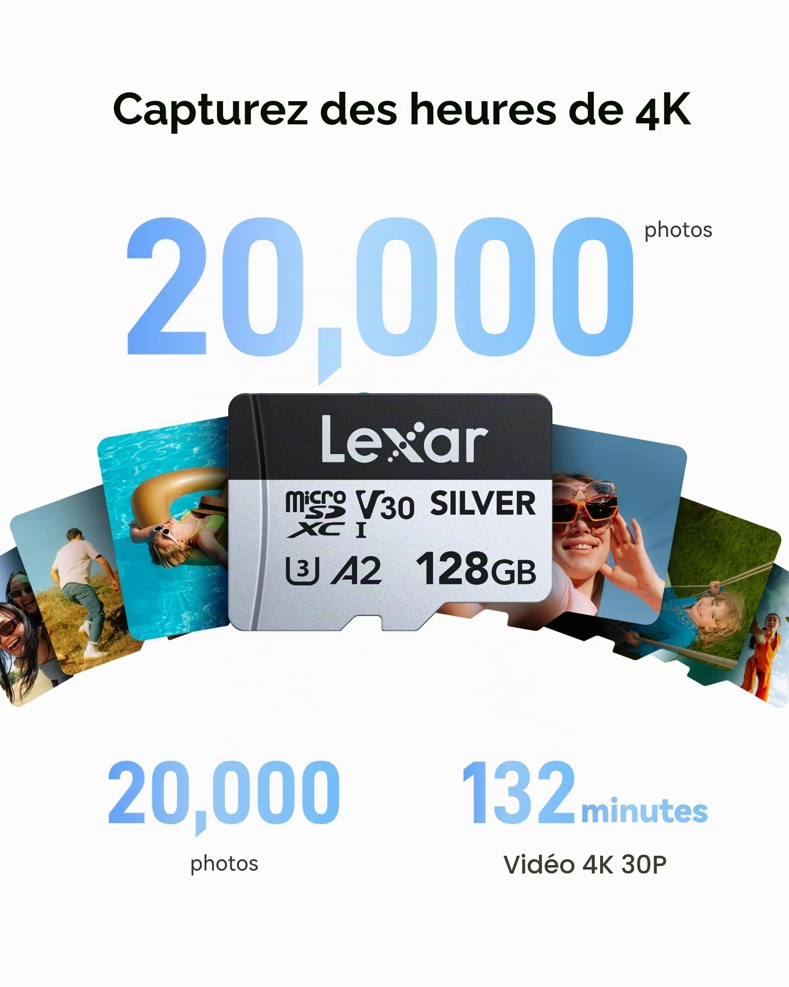 Lexar Silver Carte Micro SD 128 Go, jusqu'à 205 Mo/s en Lecture | Microsdxc Carte TF, 100 Mo/s en écriture, Carte Mémoire Micro SD+ Adaptateur, A2, U3, Classe 10, V30, Full HD et 4K UHD Video